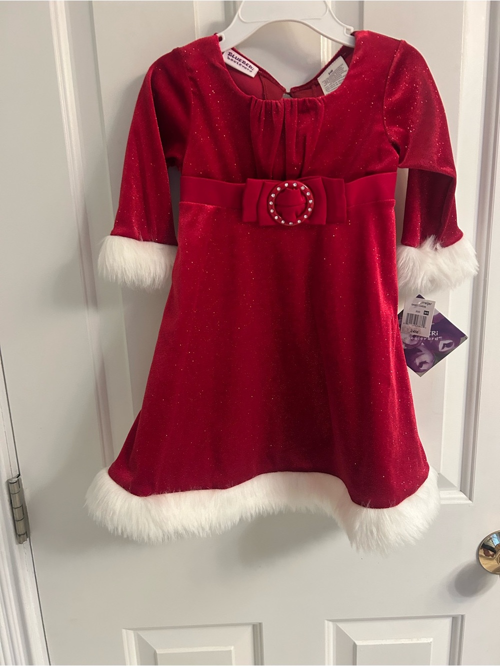 NWT-Blueberi Boulevard Red Velvet Holiday Dress with White Faux Fur